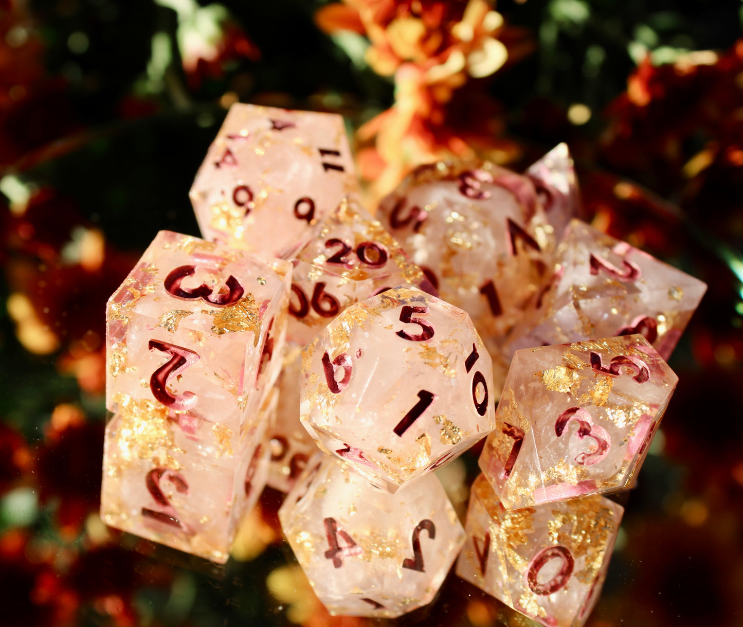 Rose Quartz and Resin Dice Set
