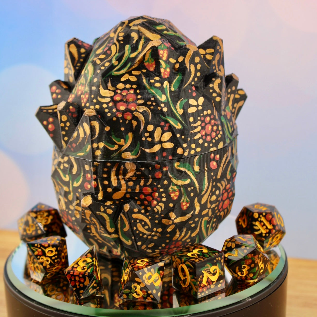 Hand Painted Slavic Folkart Inspired Resin Dice Set and 3D printed egg