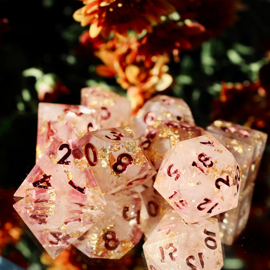 Rose Quartz and Resin Dice Set