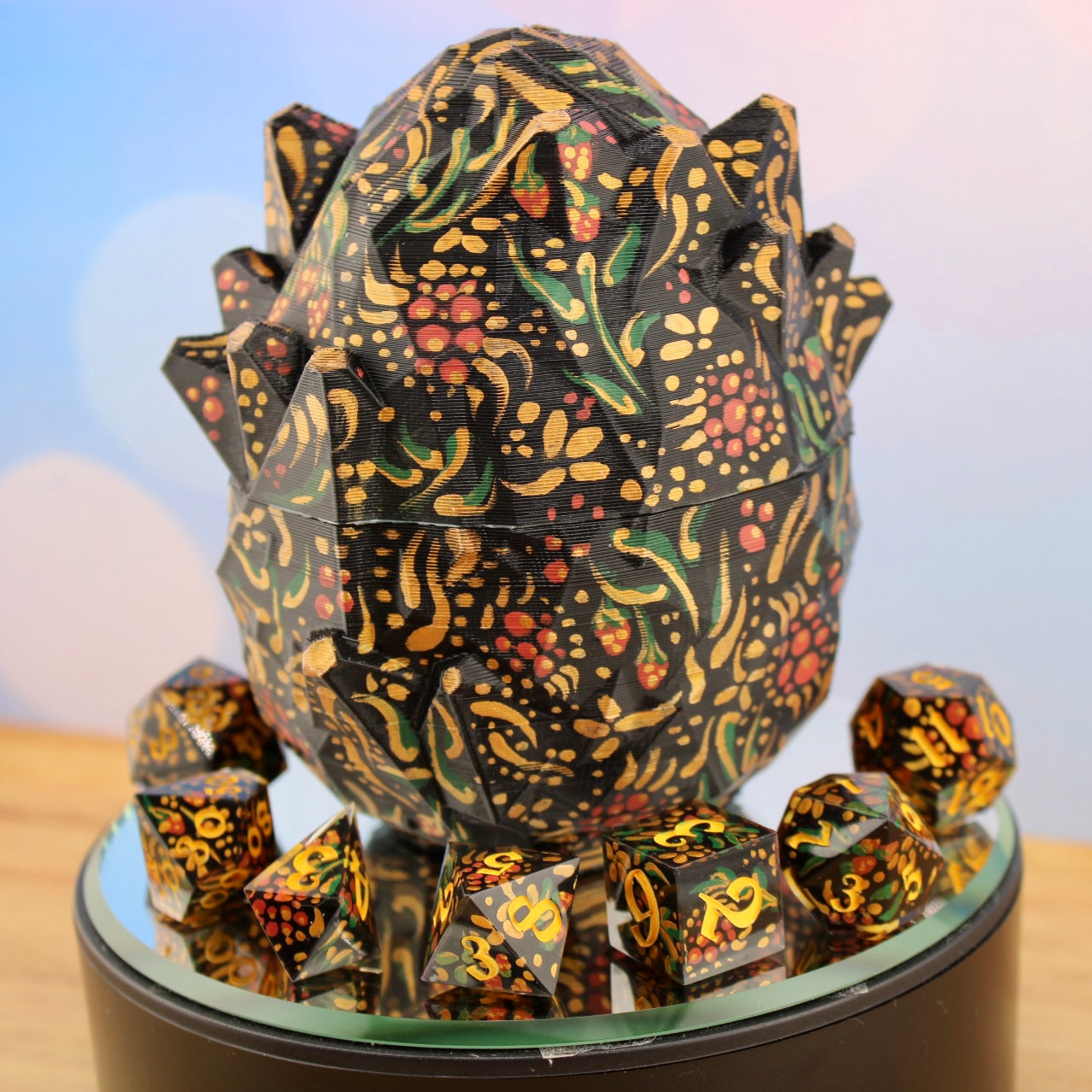 Hand Painted Slavic Folkart Inspired Resin Dice Set and 3D printed egg