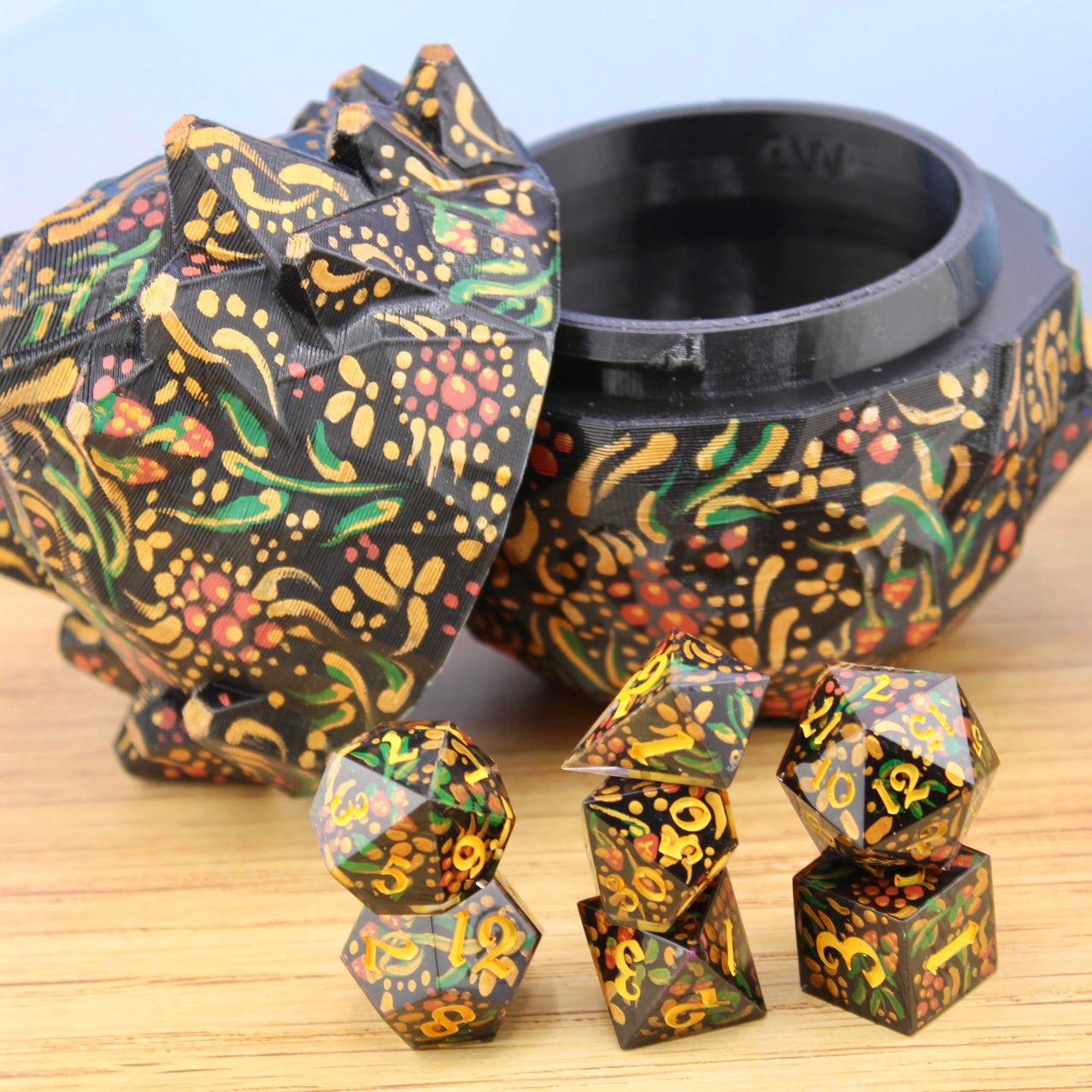 Hand Painted Slavic Folkart Inspired Resin Dice Set and 3D printed egg