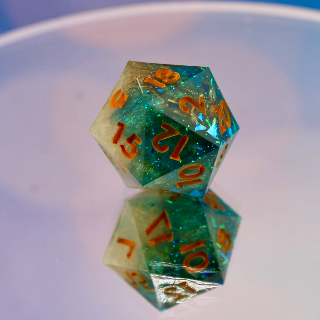 Blue Gold Glitter Resin Dice Regular D20