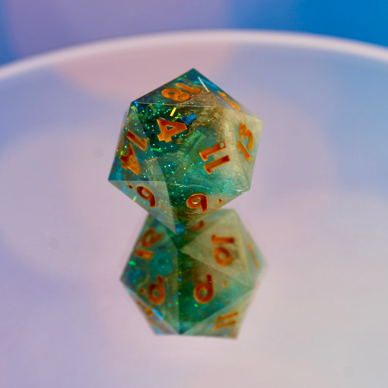 Blue Gold Glitter Resin Dice Regular D20