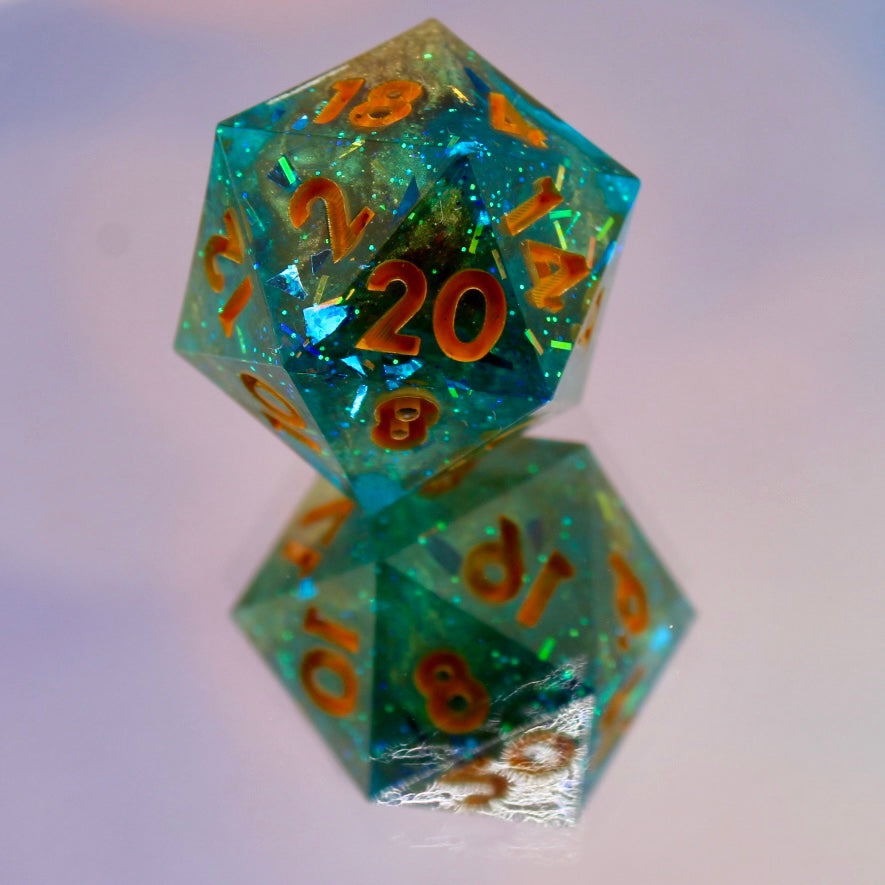 Blue Gold Glitter Resin Dice Regular D20